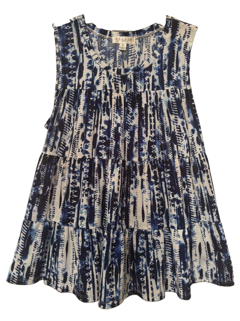 Studio JPR Women Blue & White Ethnic Print Tiered Peplum Babydoll Sleeveless Top